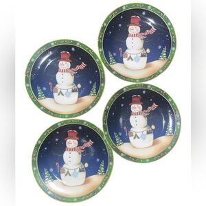 Snowman Christmas Dessert Appetizer Plates 4x Blue Green White Coushatta NEW NWT
